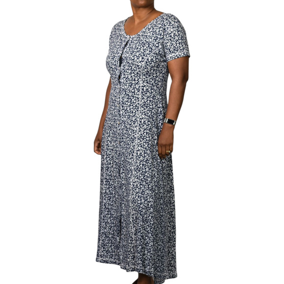 Vintage Eddie Bauer Maxi Dress Blue Floral Button Front Shirtdress Medium Petite - Picture 8 of 16